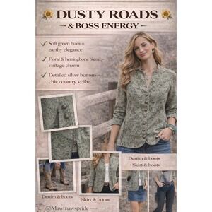 Green Herringbone Jacket Prairie Western Boho Cottagecore Blazer L